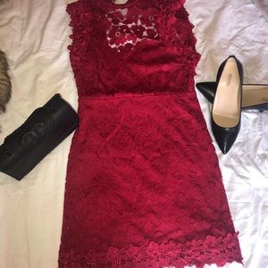 Red lace cocktail dress.